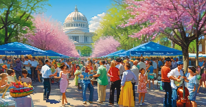 A lively spring festival at the Savannah Riverfront with colorful flowers, families enjoying food, and musicians playing jazz under a clear blue sky.