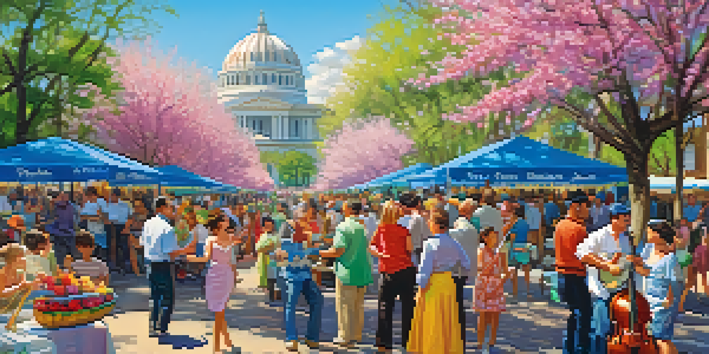 A lively spring festival at the Savannah Riverfront with colorful flowers, families enjoying food, and musicians playing jazz under a clear blue sky.
