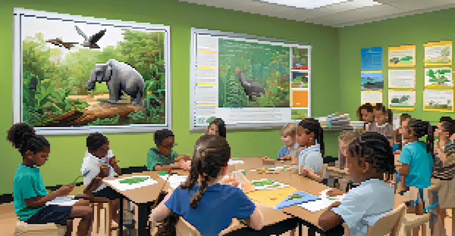 Children in a classroom participating in an educational workshop about local ecosystems, with posters and a teacher demonstrating.