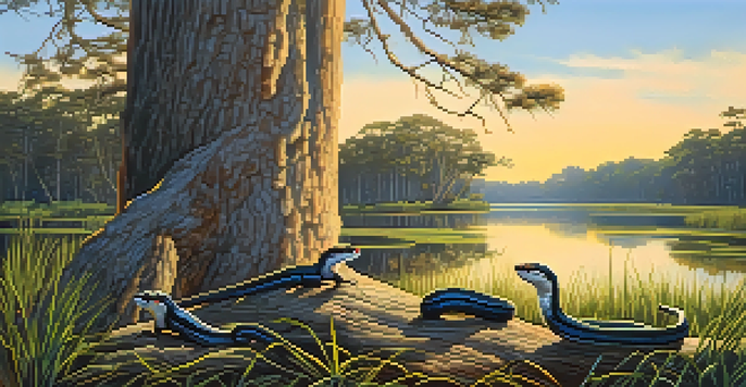 A coastal marsh in Savannah with Eastern Indigo Snakes and Red-cockaded Woodpeckers, illuminated by golden sunlight.