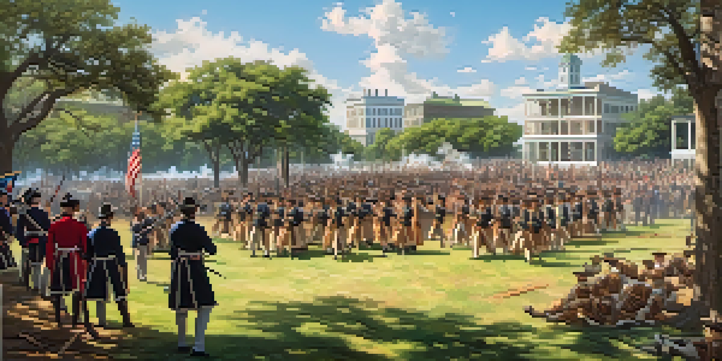 A wide view of Savannah with actors in Civil War costumes reenacting a battle in front of historic buildings and greenery under a blue sky.