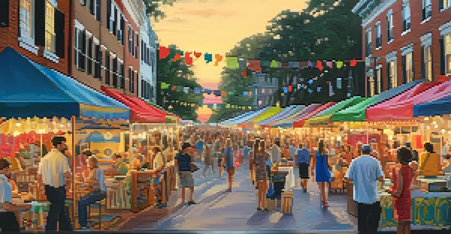 A scenic view of Savannah's historic district during the music festival, showcasing colorful decorations, artisan booths, and sunset lighting.