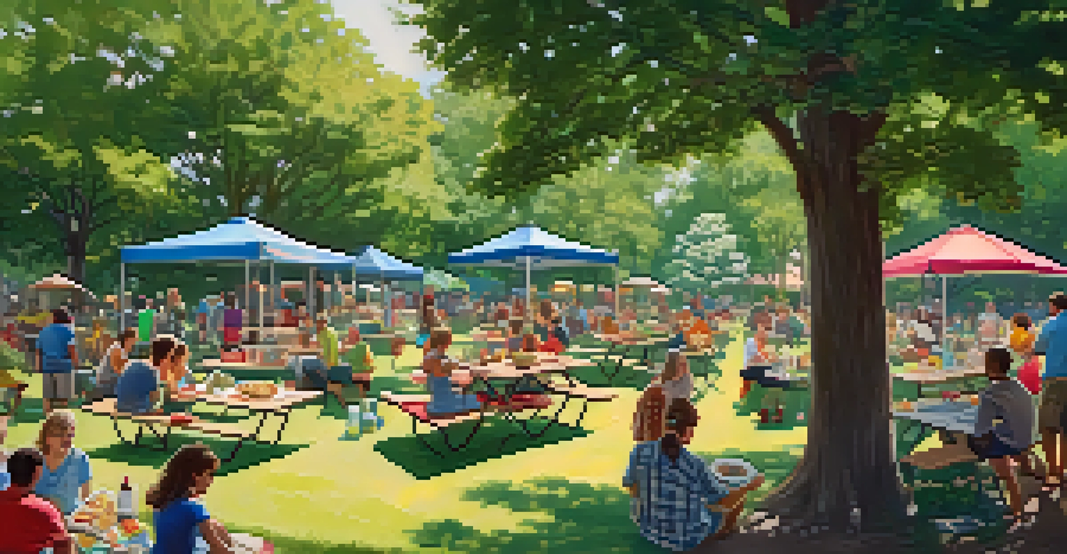 A lively picnic scene in a Savannah park, showing families enjoying food on blankets, children playing, and large oak trees in the background.