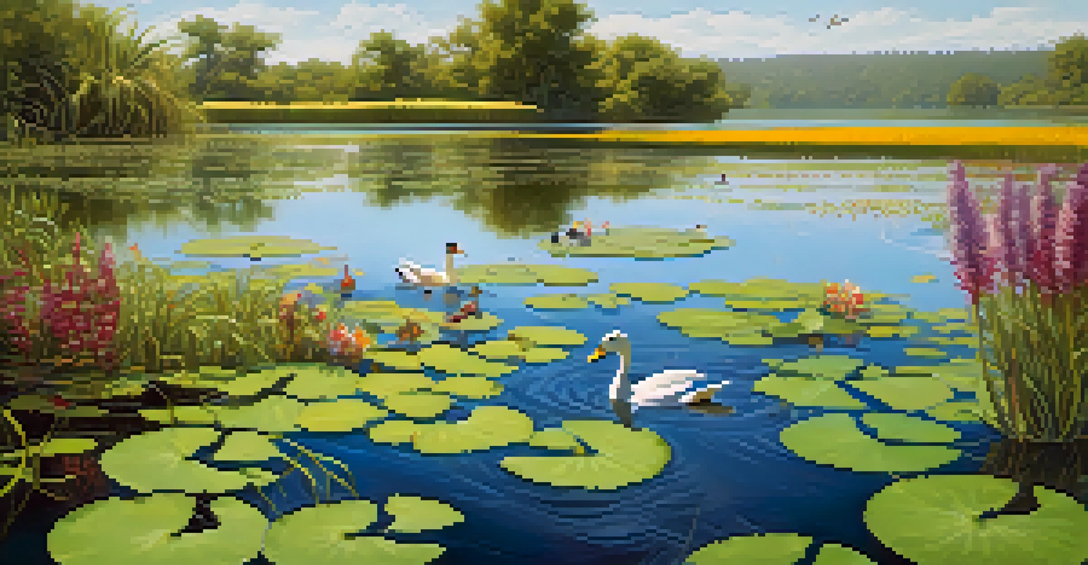 A lively wetland ecosystem with plants, ducks, and dragonflies under bright midday sunlight.