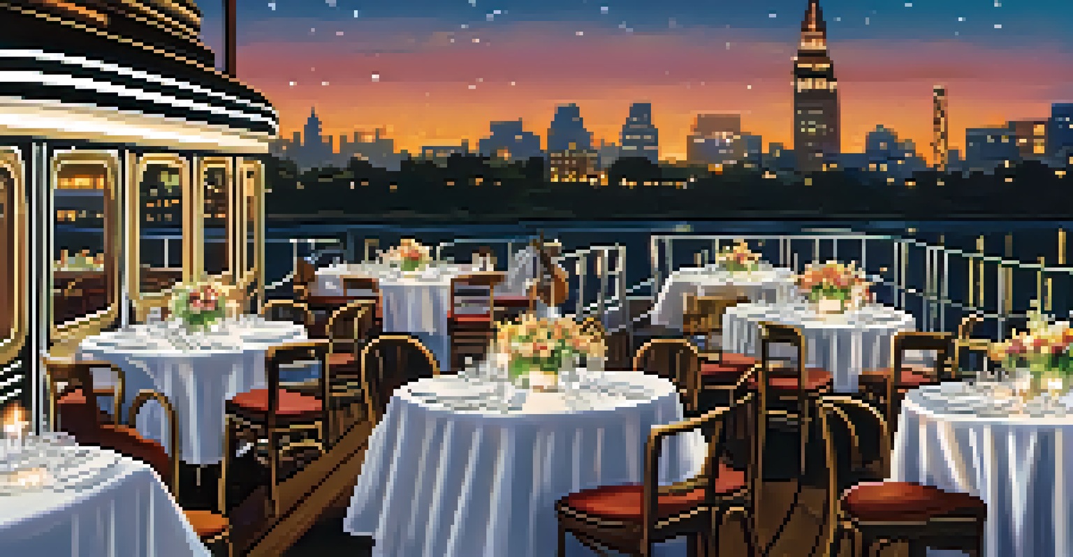 A cozy upper deck of a riverboat with candlelit tables, couples dancing to jazz music, and the river flowing beside them under the night sky.