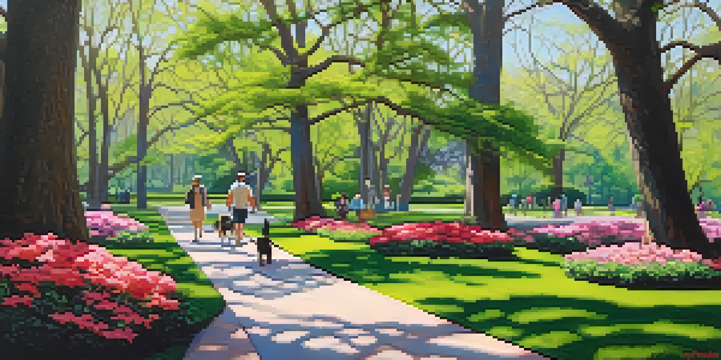 A colorful spring scene in a Savannah park with blooming azaleas and dogwoods, families walking along paths, and wildlife like birds and squirrels.