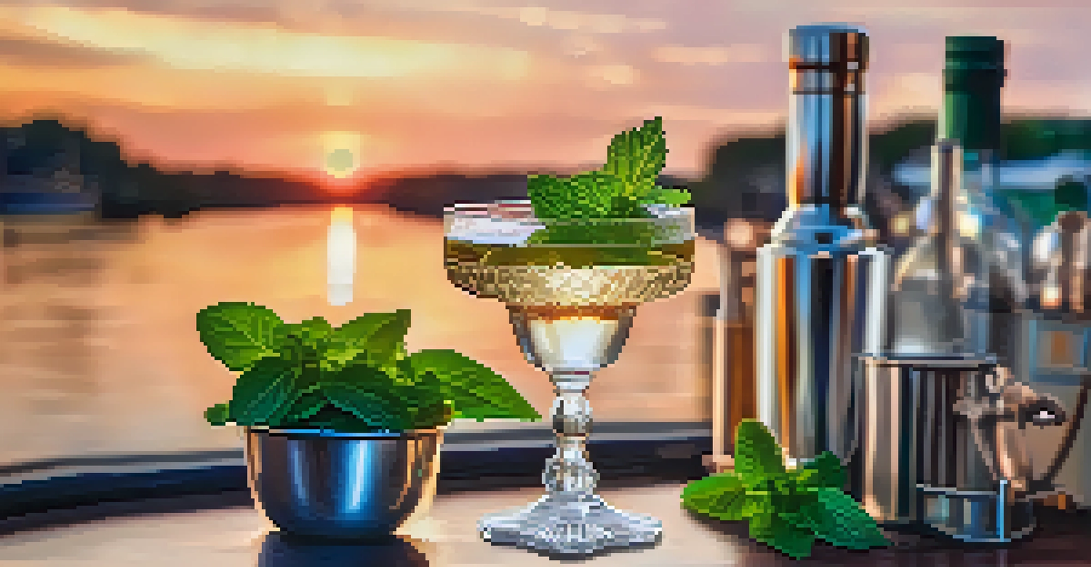 A beautifully styled mint julep cocktail on a riverboat during sunset, with fresh mint and soft lights in the background.