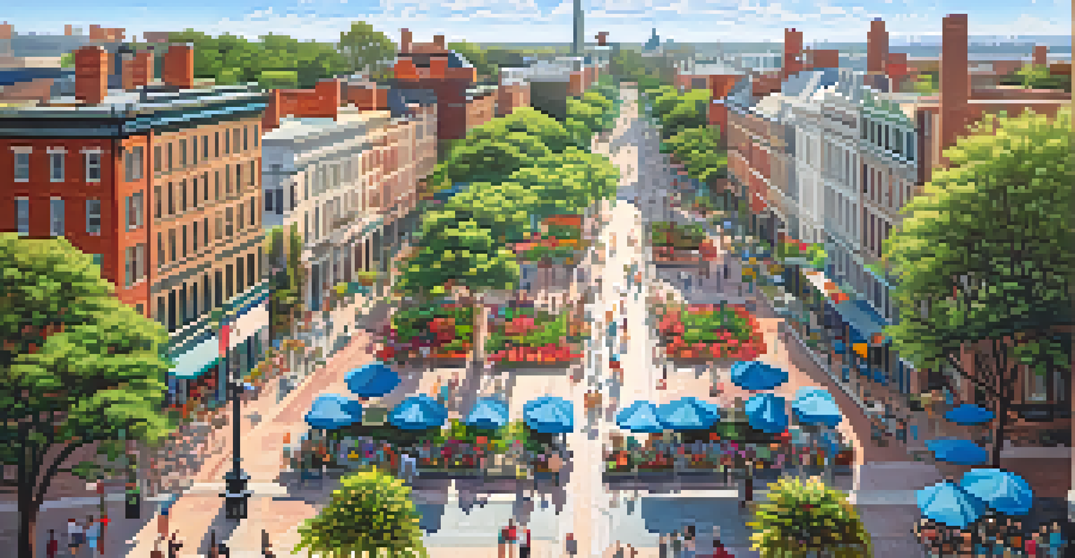 Aerial view of Savannah's historic district, showcasing public squares, green parks, and the Savannah River.
