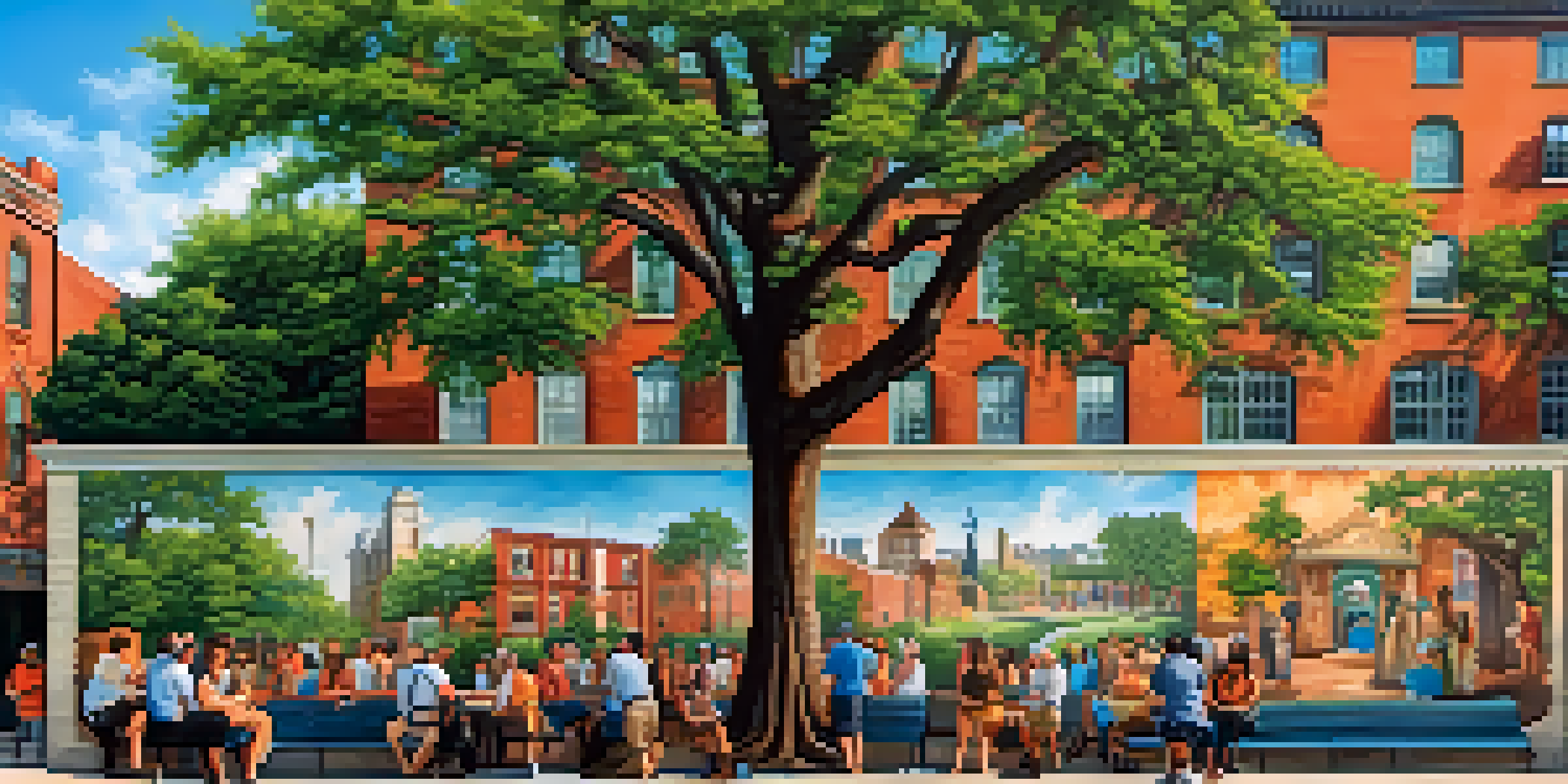 A colorful mural on a brick wall in Savannah, showing local legends and historical events, surrounded by people enjoying the art in a sunny square.