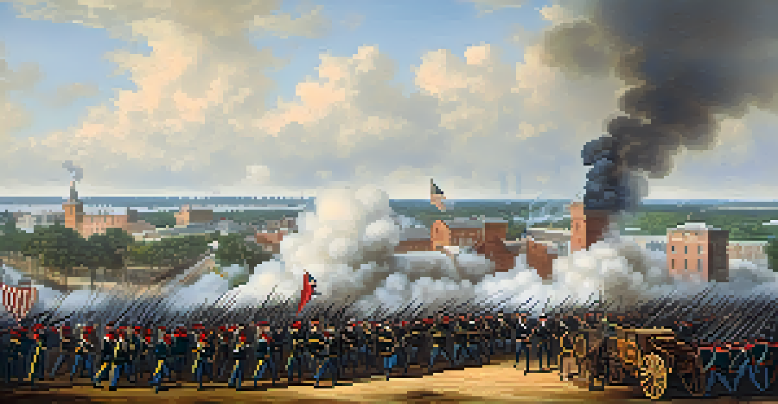 The Siege of Savannah with Union troops advancing towards fortifications, cannons firing, and historic buildings in the background under a cloudy sky.