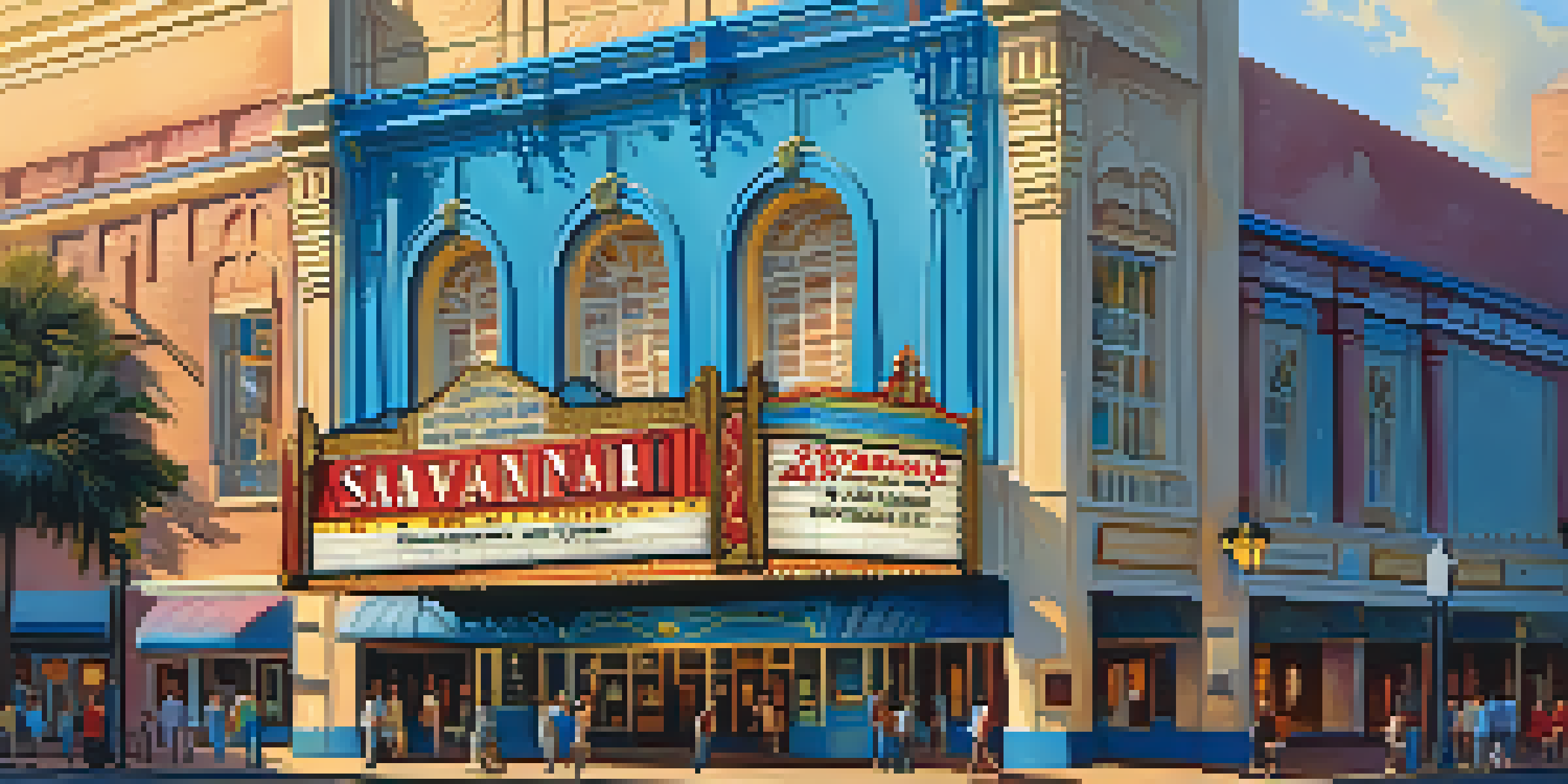 An exterior view of the Historic Savannah Theatre with a lively audience and colorful banners, illuminated by warm golden hour sunlight.