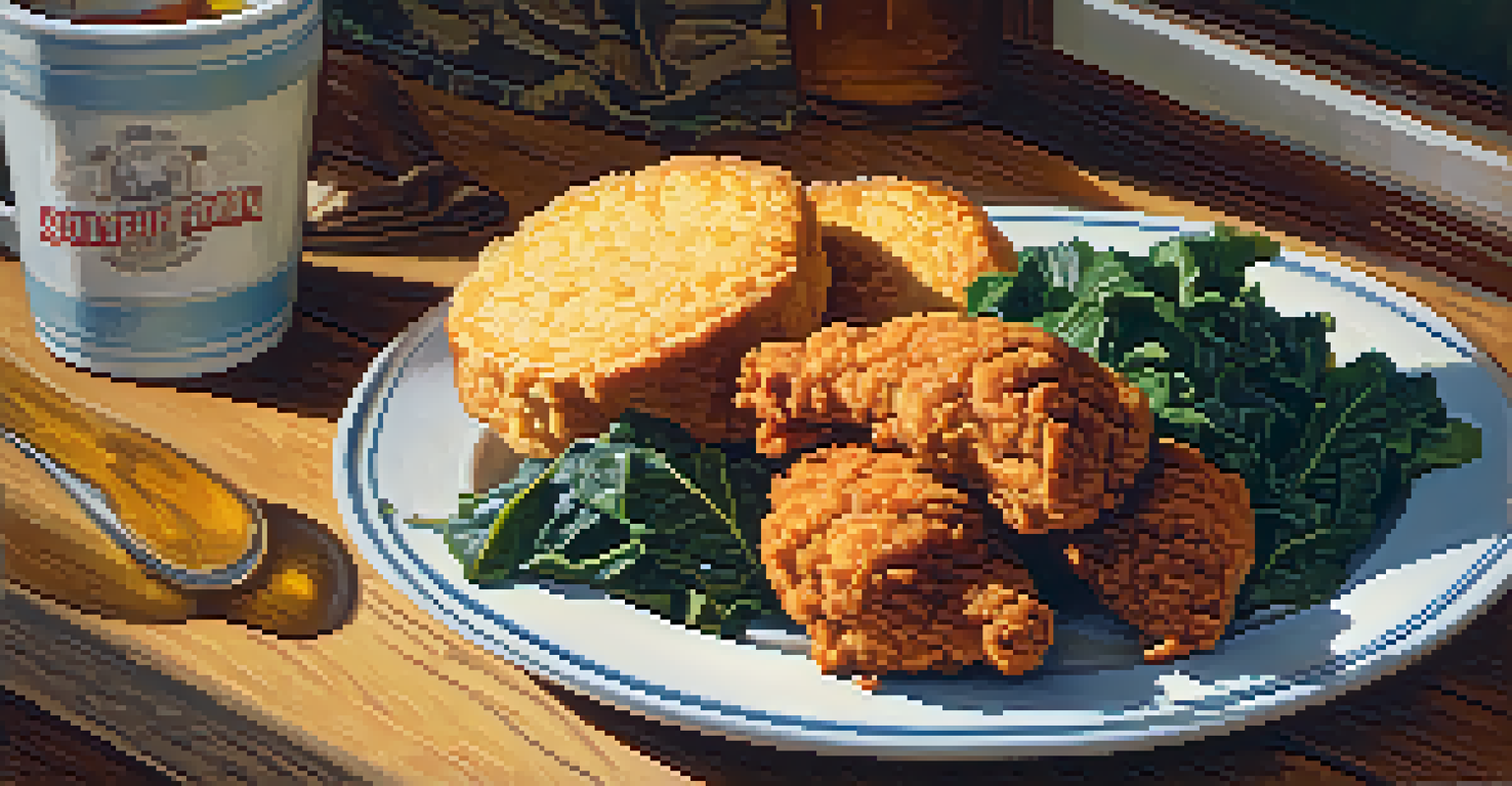 A close-up view of a plate featuring Southern comfort food like fried chicken, collard greens, and cornbread with a glass of sweet tea.