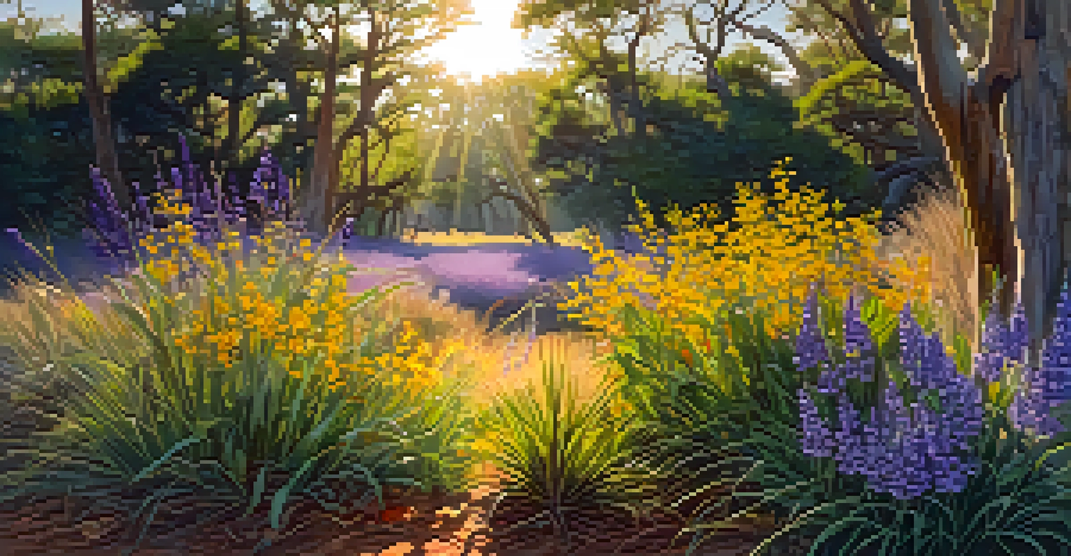 A close-up view of colorful wildflowers and tall grasses in a savannah, with sunlight filtering through leaves.