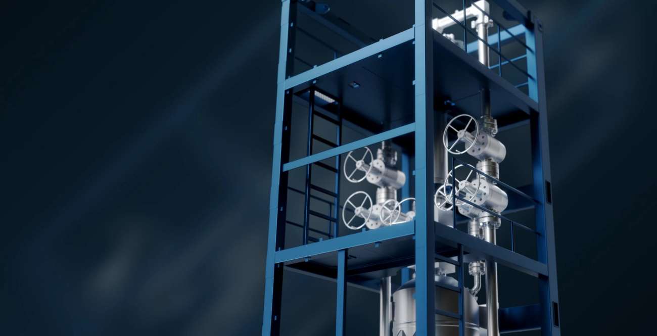Detail rendering of a blue metal frame with silver metal tubes and wheels on the inside