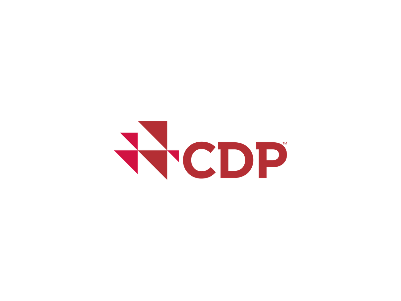 CDP logo, red letters with CDP on right, 5 tilted triangles in various sizes on left facing right top