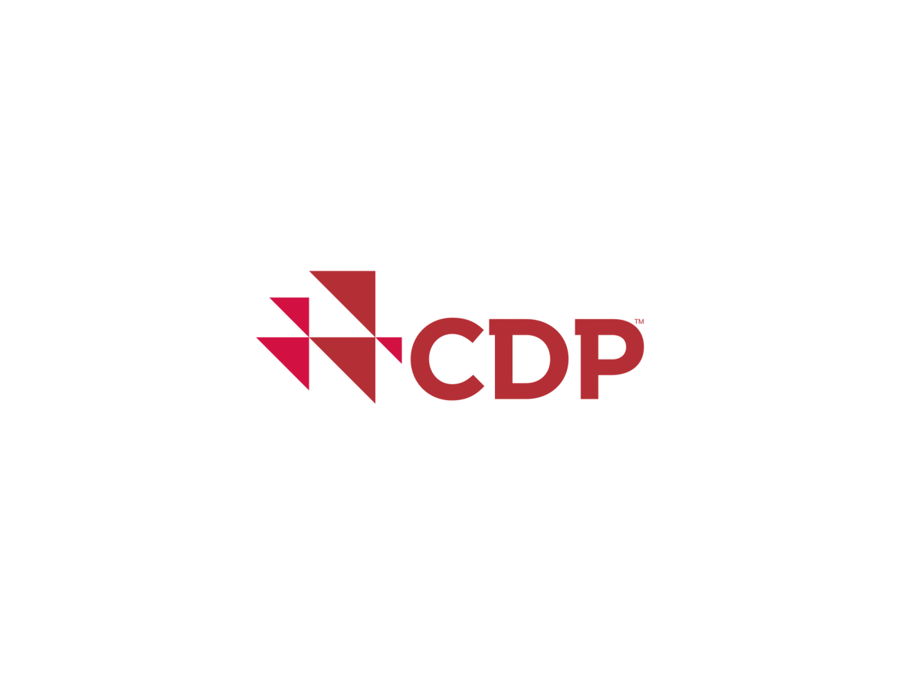 CDP logo, red letters with CDP on right, 5 tilted triangles in various sizes on left facing right top