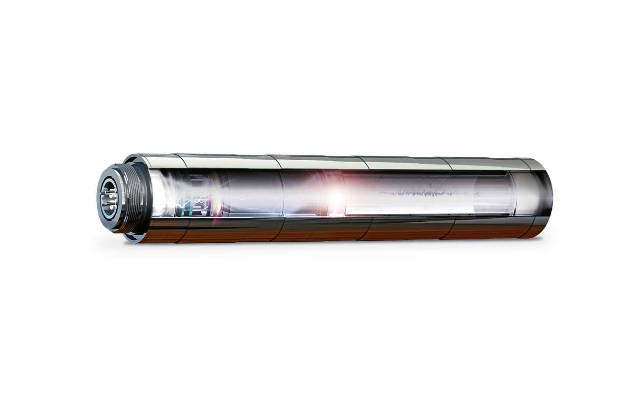 Nuclear detector rendering with sectioned view, metal tube