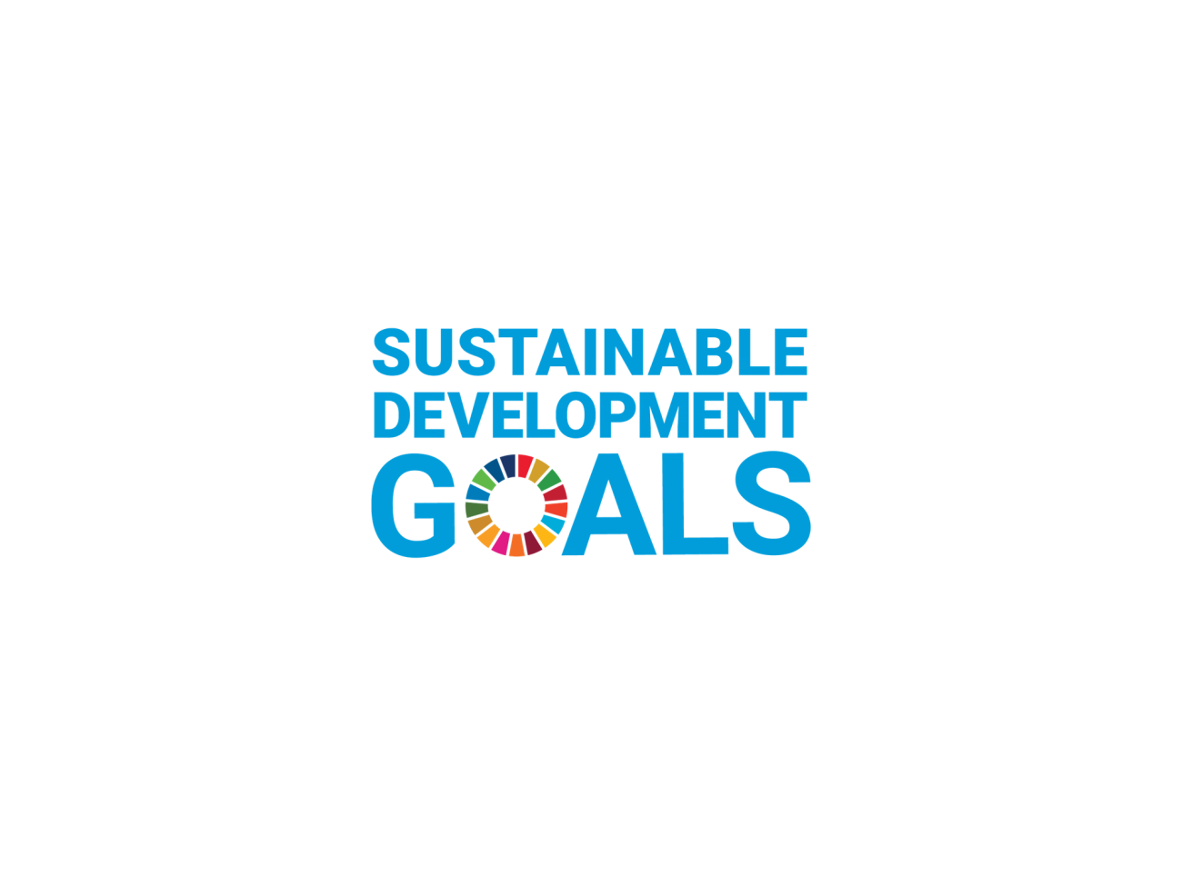 SDG logo, blue letters reading "Susteinable Development Goals", the letter O in goals is made up of a colour scale