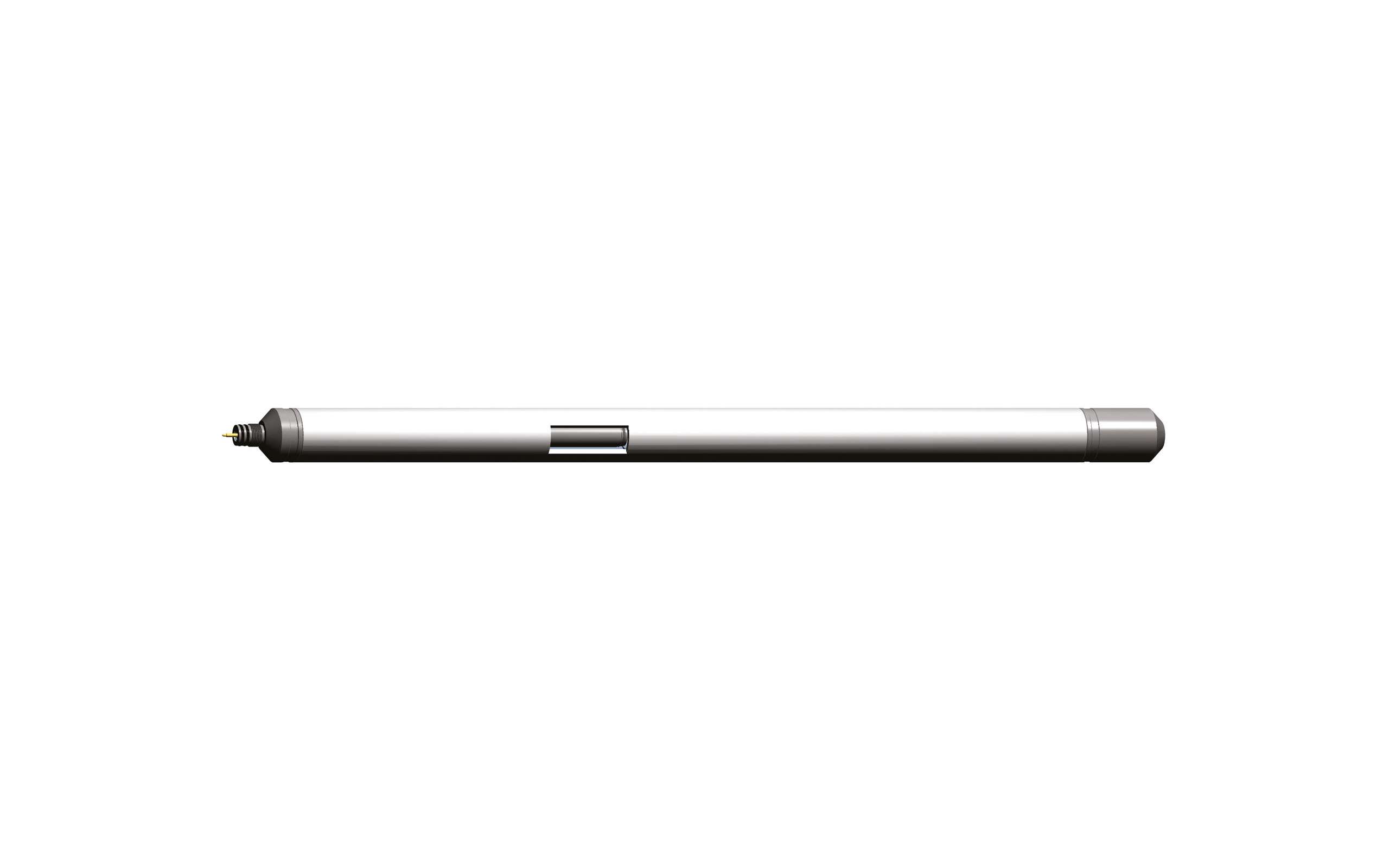 Long white tube with metal cap on one end and threading on the other