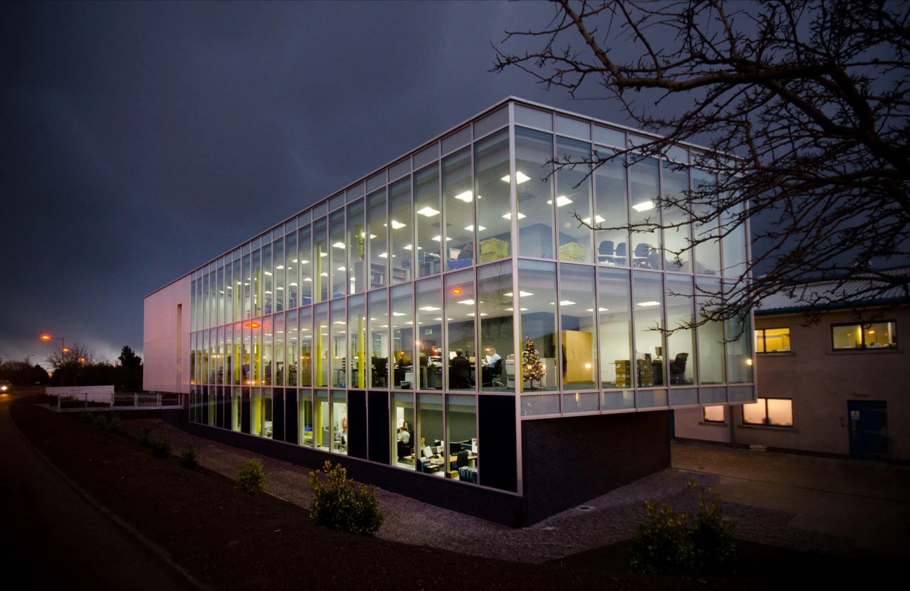 Night shot of glass office building