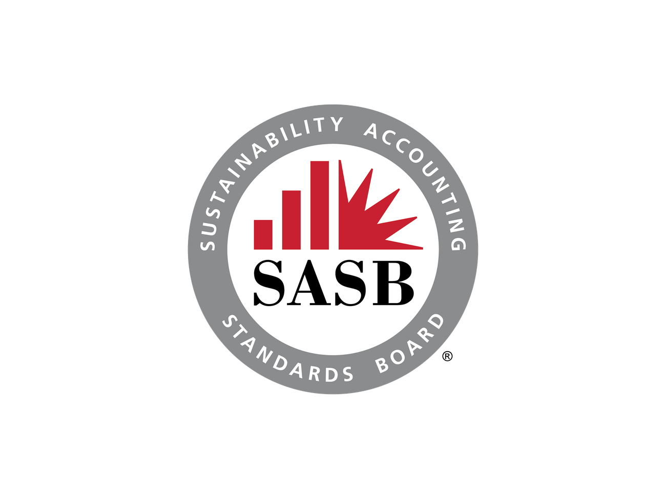 SASB logo, white circle with thick grey border, SASB in black in center with 3 red bars on the left top and part of a star on right top. Grey border text reads: "Sustainability Accounting Standards Board"