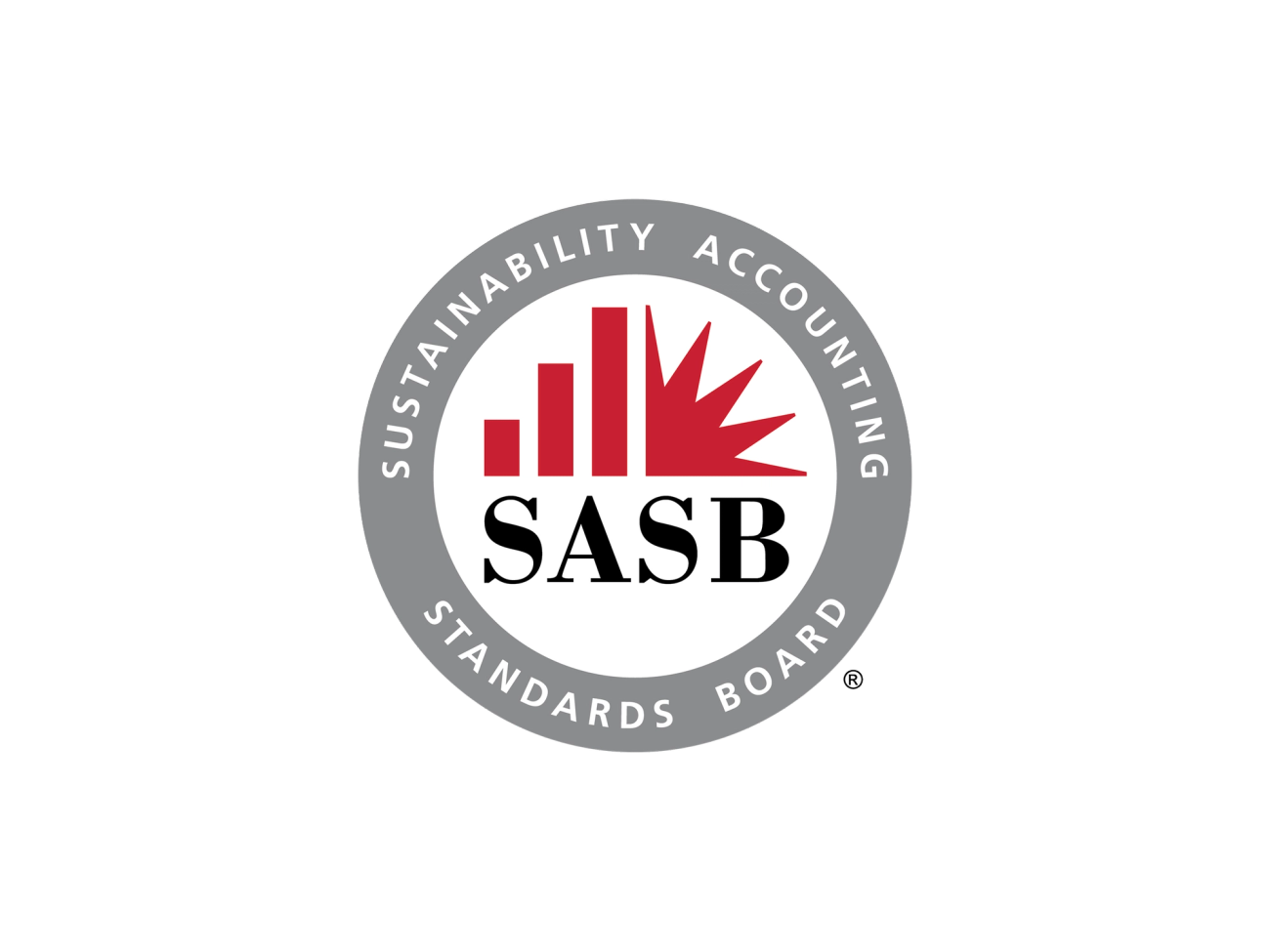 SASB logo, white circle with thick grey border, SASB in black in center with 3 red bars on the left top and part of a star on right top. Grey border text reads: "Sustainability Accounting Standards Board"