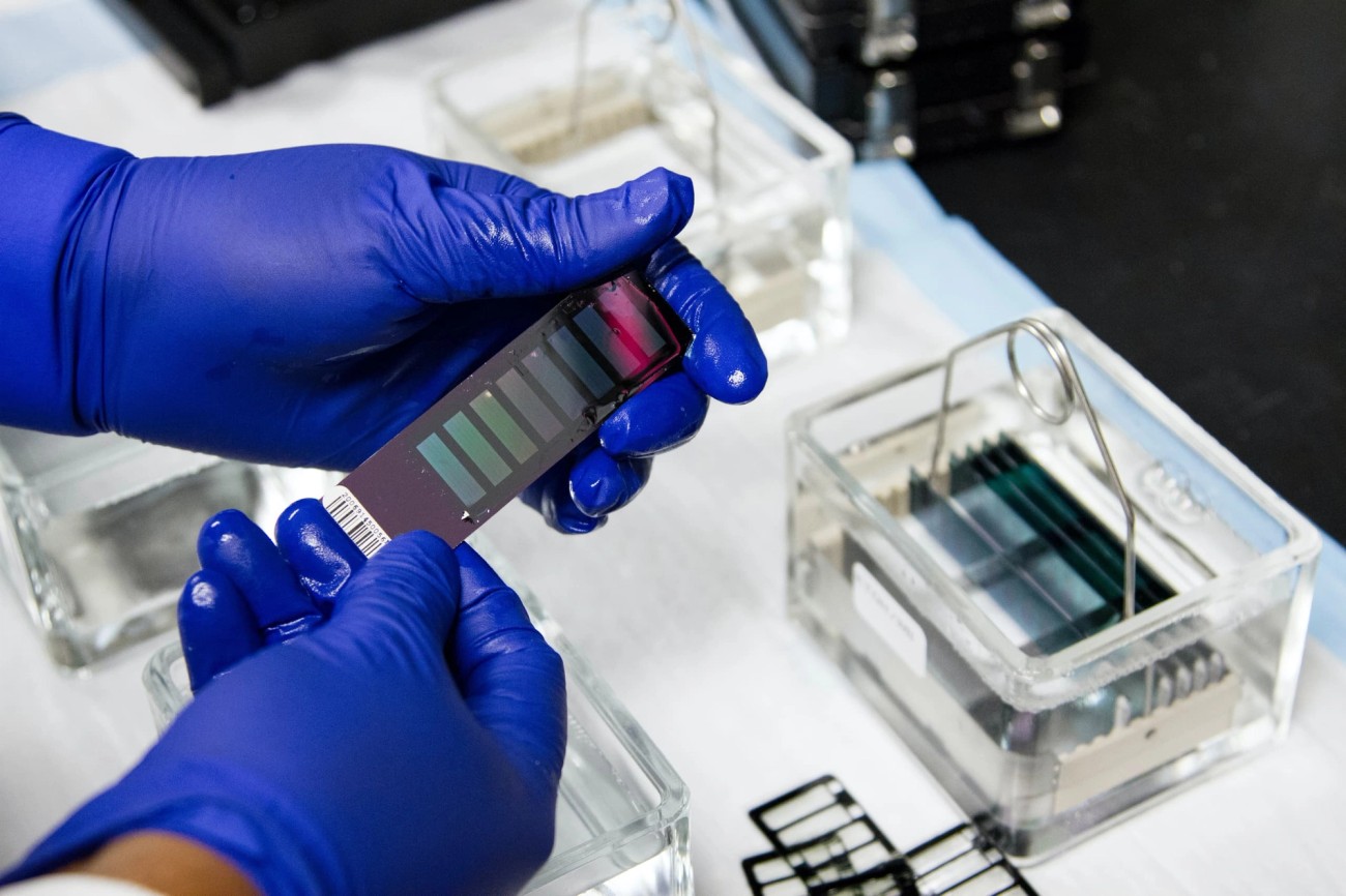 Person with gloves with testing device