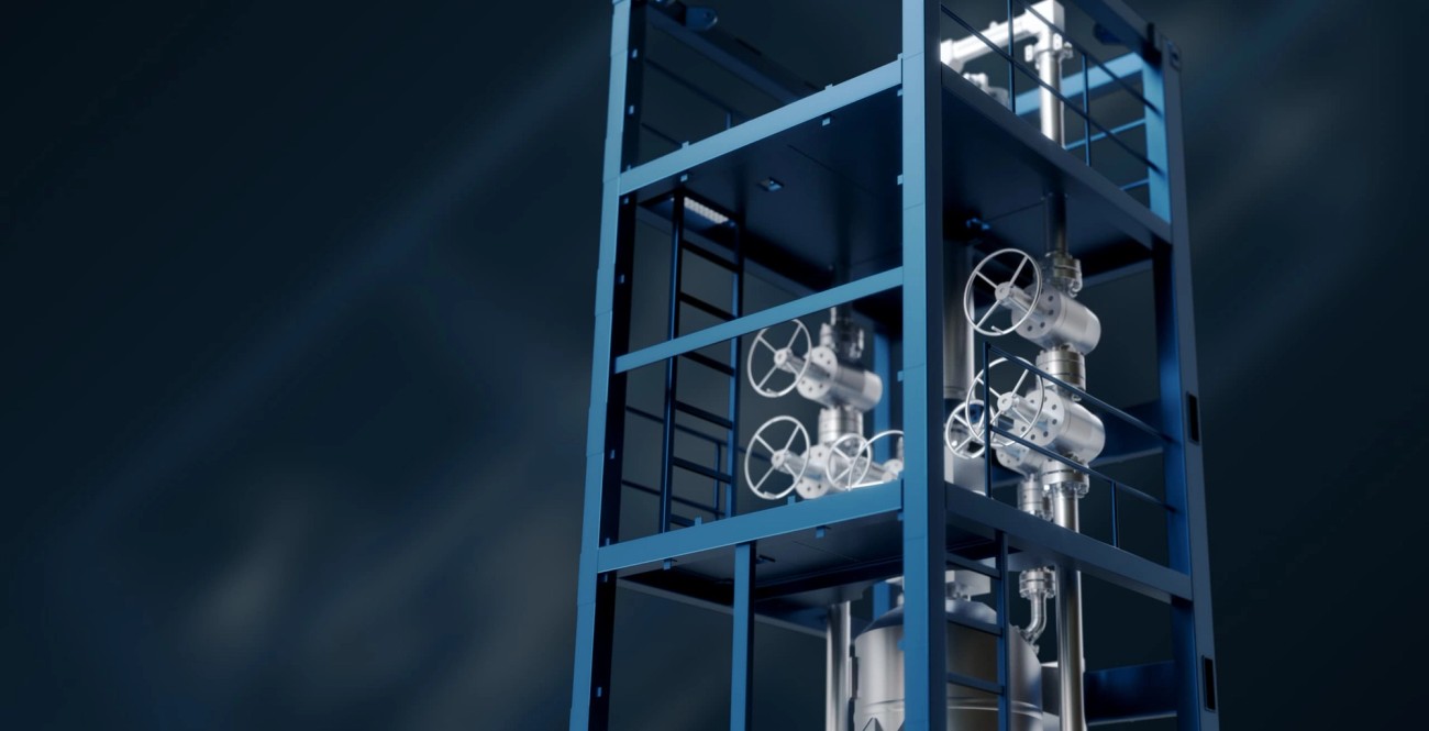 Detail rendering of a blue metal frame with silver metal tubes and wheels on the inside