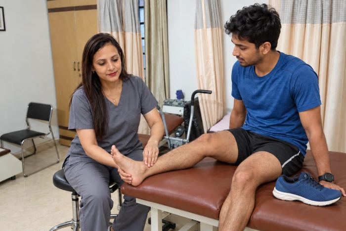 Illustrative physiotherapy scene based on the clinic room, showing an ankle assessment