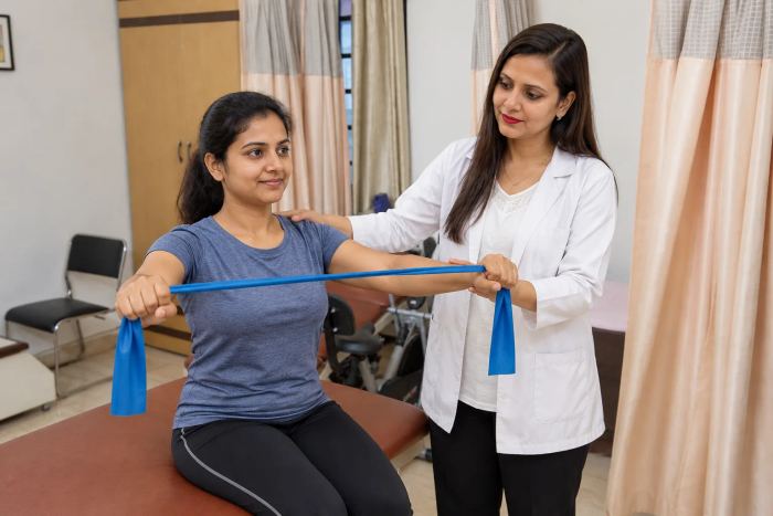 Illustrative physiotherapy scene based on the clinic room, showing resistance-band rehabilitation