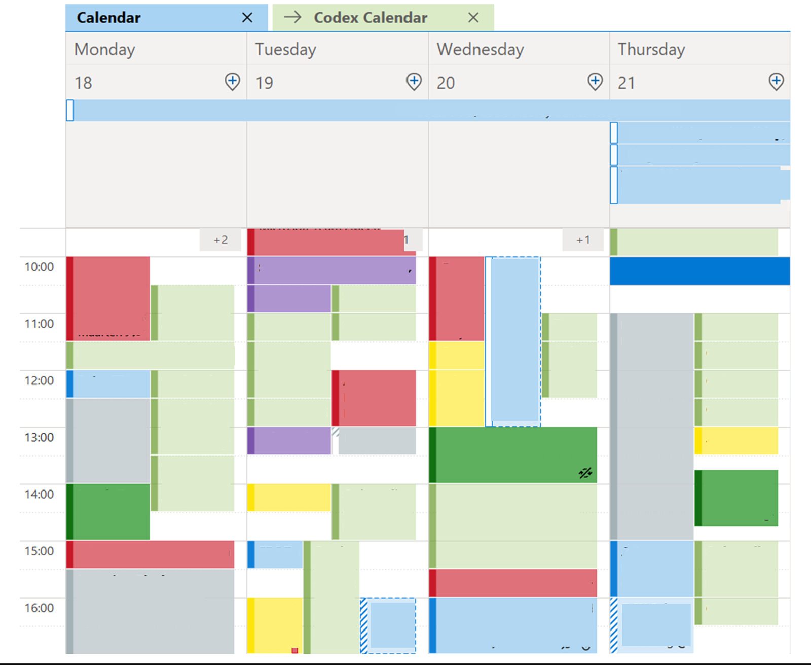 Anonymised diary screenshot showing the Codex calendar in light green alongside other calendar entries.