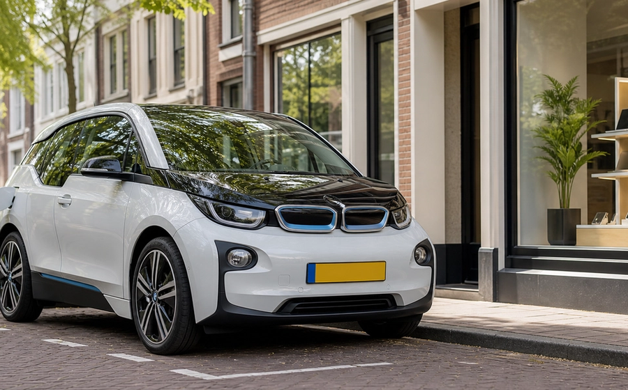 Jong gebruikte elektrische auto geparkeerd bij een Nederlandse straat, met subtiel weergegeven refurbished elektronica op de achtergrond; passend bij een artikel over tweedehands EV’s en refurbished producten.