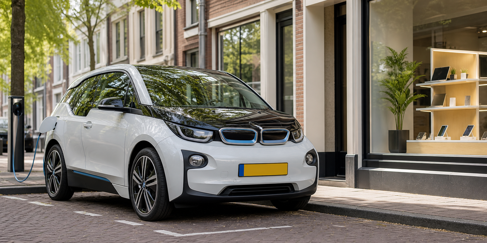 Jong gebruikte elektrische auto geparkeerd bij een Nederlandse straat, met subtiel weergegeven refurbished elektronica op de achtergrond; passend bij een artikel over tweedehands EV’s en refurbished producten.