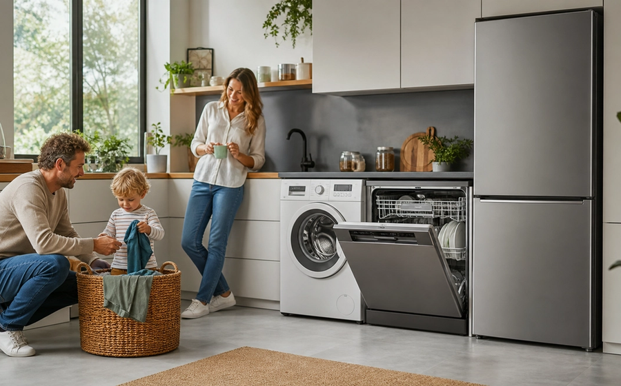 Moderne keuken met energiezuinig witgoed in een nette huiselijke setting, passend bij een nieuwsartikel over witgoed lease in 2026