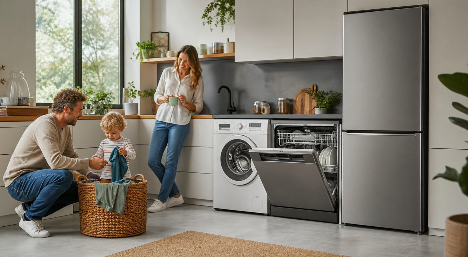 Moderne keuken met energiezuinig witgoed in een nette huiselijke setting, passend bij een nieuwsartikel over witgoed lease in 2026