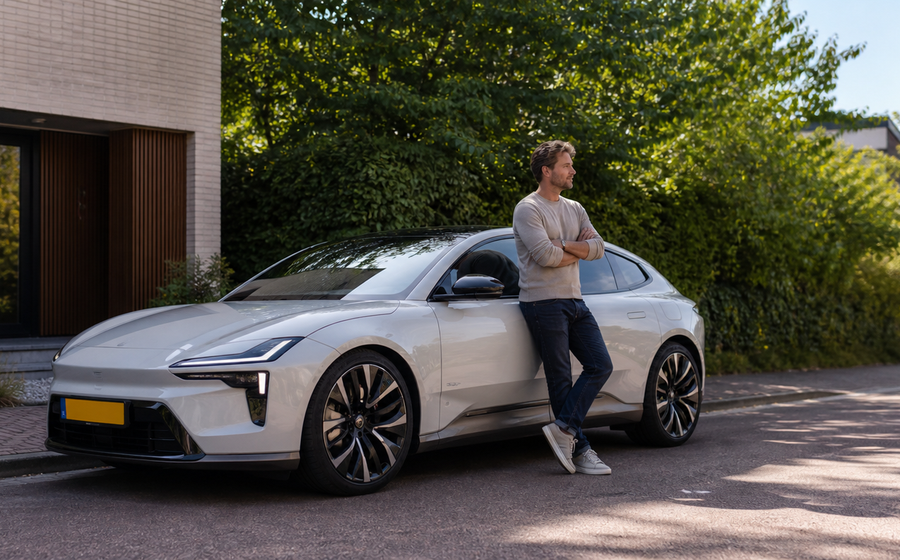 Persoon bij een moderne leaseauto op een rustige Nederlandse locatie, passend bij een blog over leaseauto’s in 2026