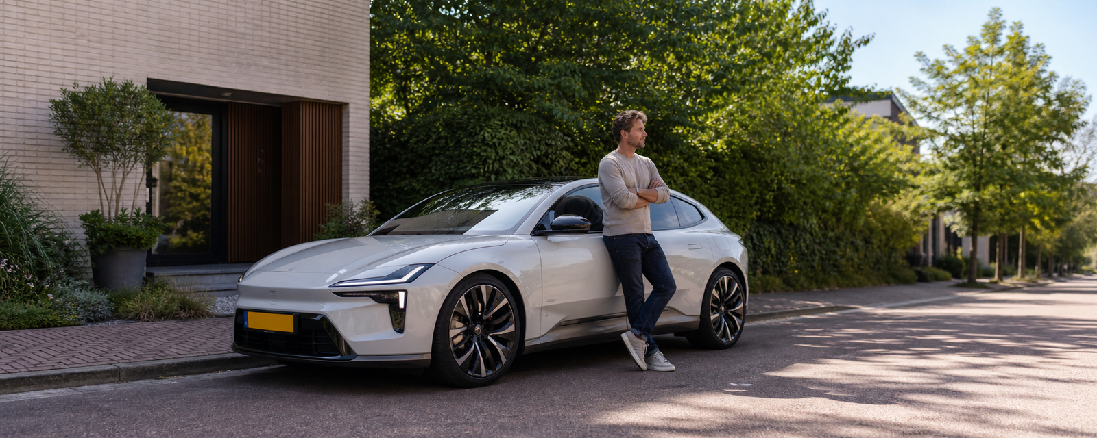 Persoon bij een moderne leaseauto op een rustige Nederlandse locatie, passend bij een blog over leaseauto’s in 2026