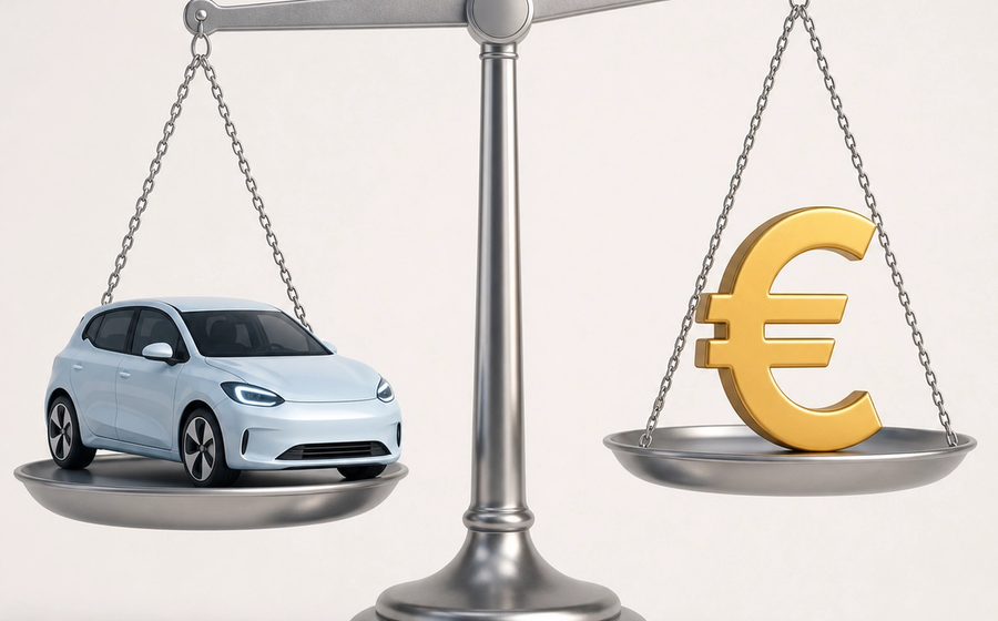 Minimalistische 3D-illustratie van een elektrische auto op een weegschaal met een euroteken, symboliserend de wegenbelasting voor EV leaseauto's.