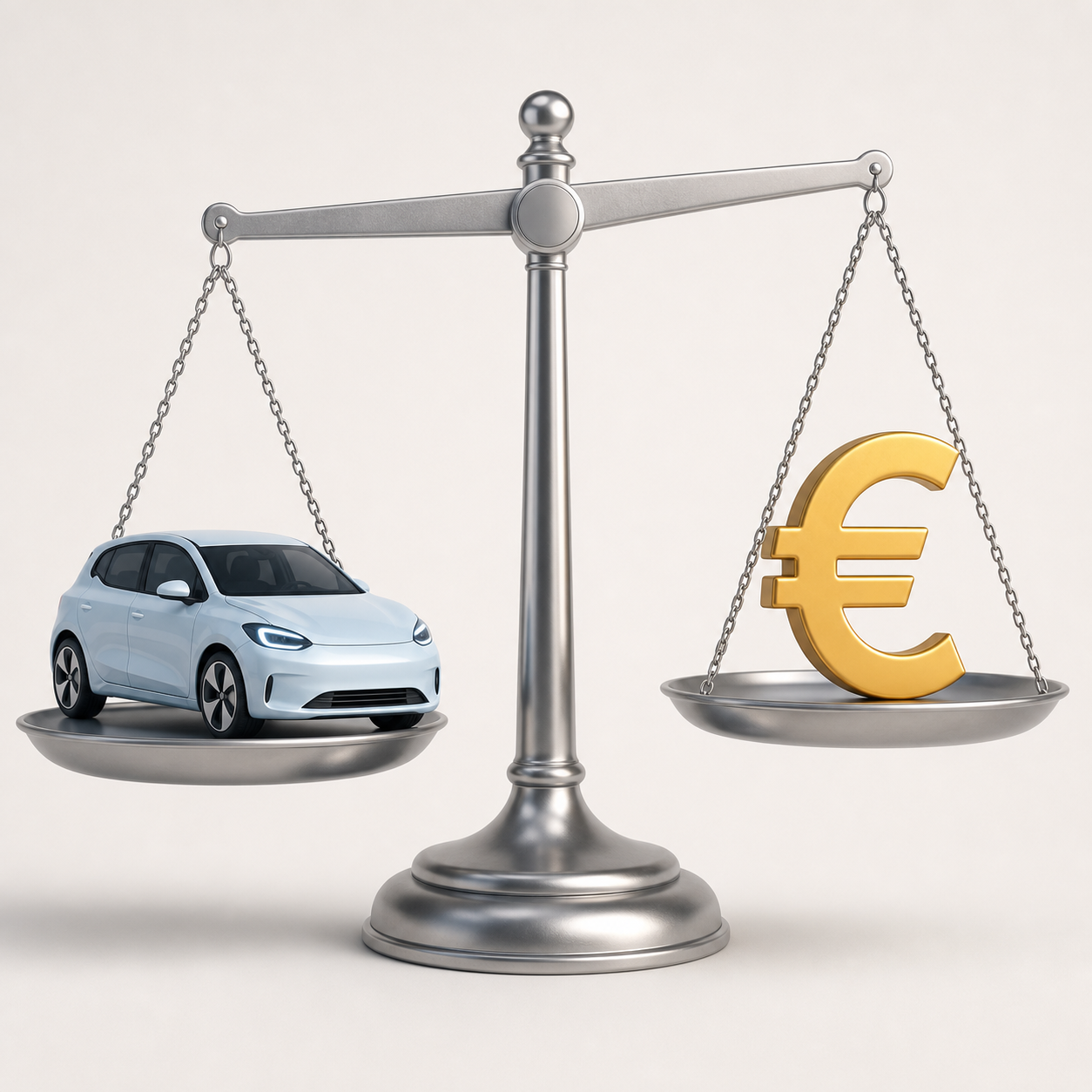 Minimalistische 3D-illustratie van een elektrische auto op een weegschaal met een euroteken, symboliserend de wegenbelasting voor EV leaseauto's.