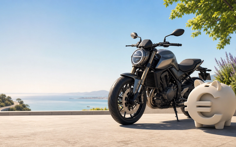 Minimalistische 3D-illustratie van een motorfiets naast een spaarvarken in de vorm van een euroteken, met zonnige sfeer en verwijzing naar zakelijke motorleasing en fiscale voordelen
