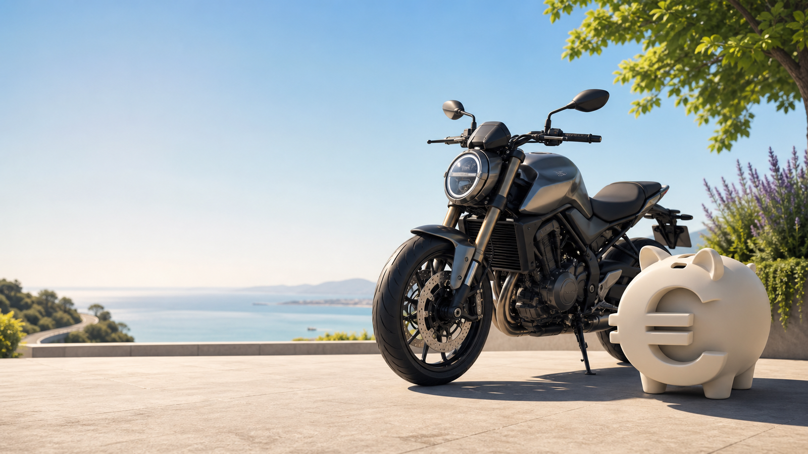 Minimalistische 3D-illustratie van een motorfiets naast een spaarvarken in de vorm van een euroteken, met zonnige sfeer en verwijzing naar zakelijke motorleasing en fiscale voordelen