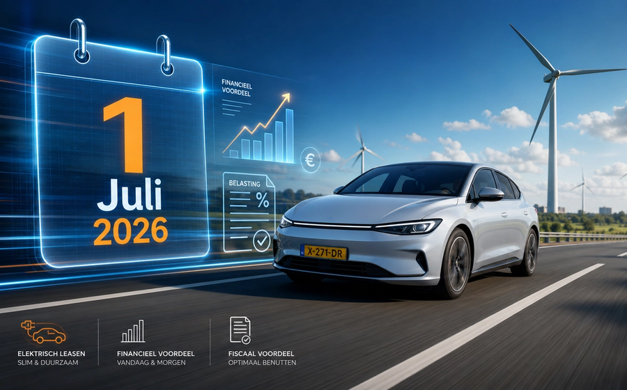 Moderne elektrische leaseauto op de snelweg met een digitale kalender die 1 juli 2026 aangeeft, symboliserend de wijzigingen in de wegenbelasting.