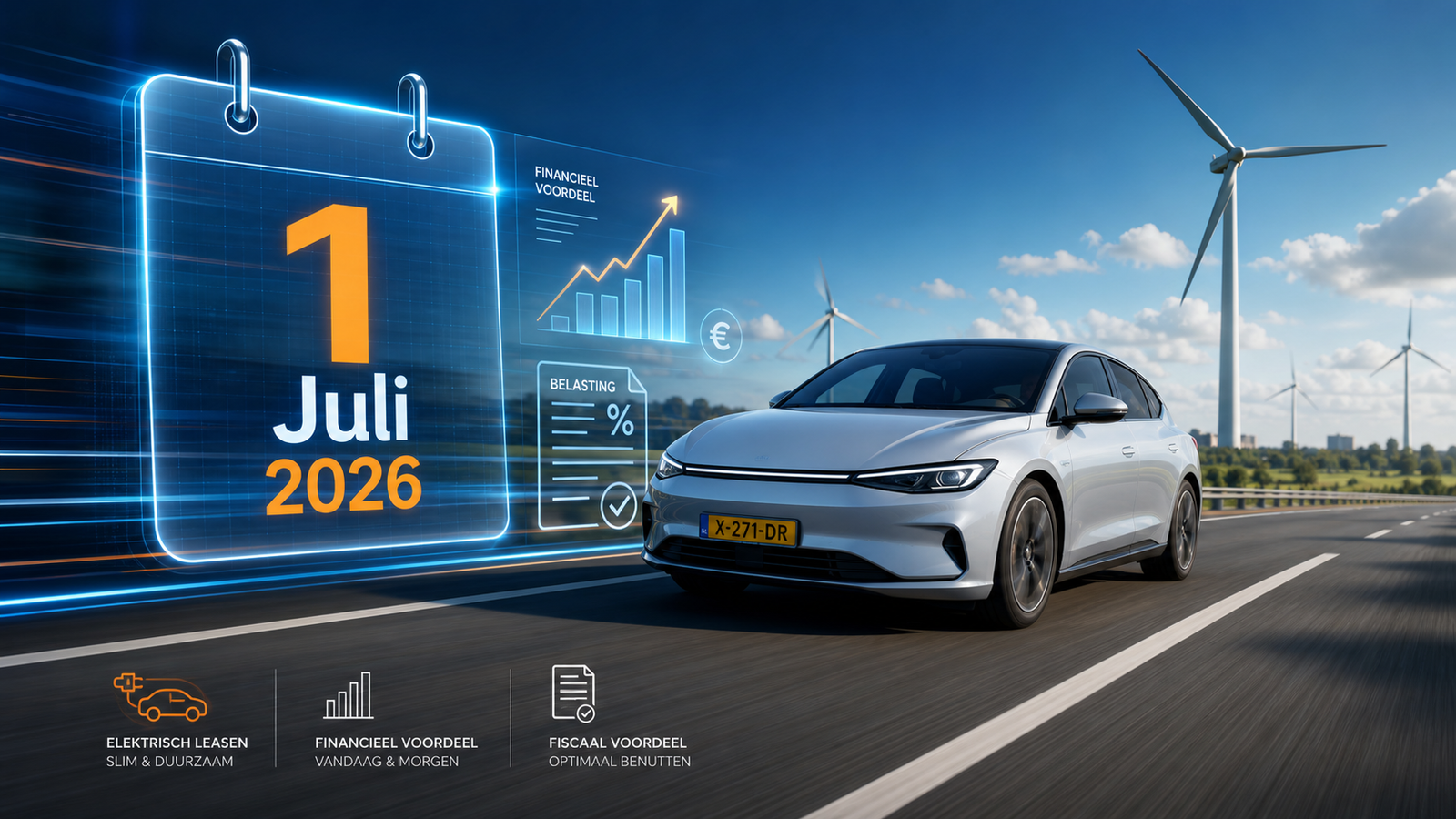 Moderne elektrische leaseauto op de snelweg met een digitale kalender die 1 juli 2026 aangeeft, symboliserend de wijzigingen in de wegenbelasting.