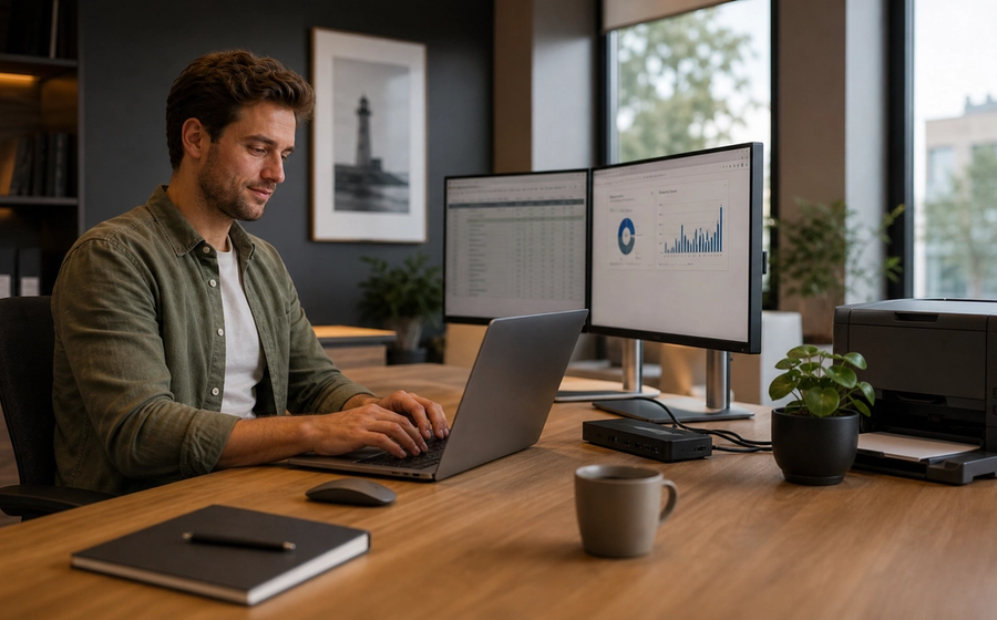Moderne mkb-werkplek met laptop, dubbele monitoren, printer en docking station als voorbeeld van geleasede elektronica.
