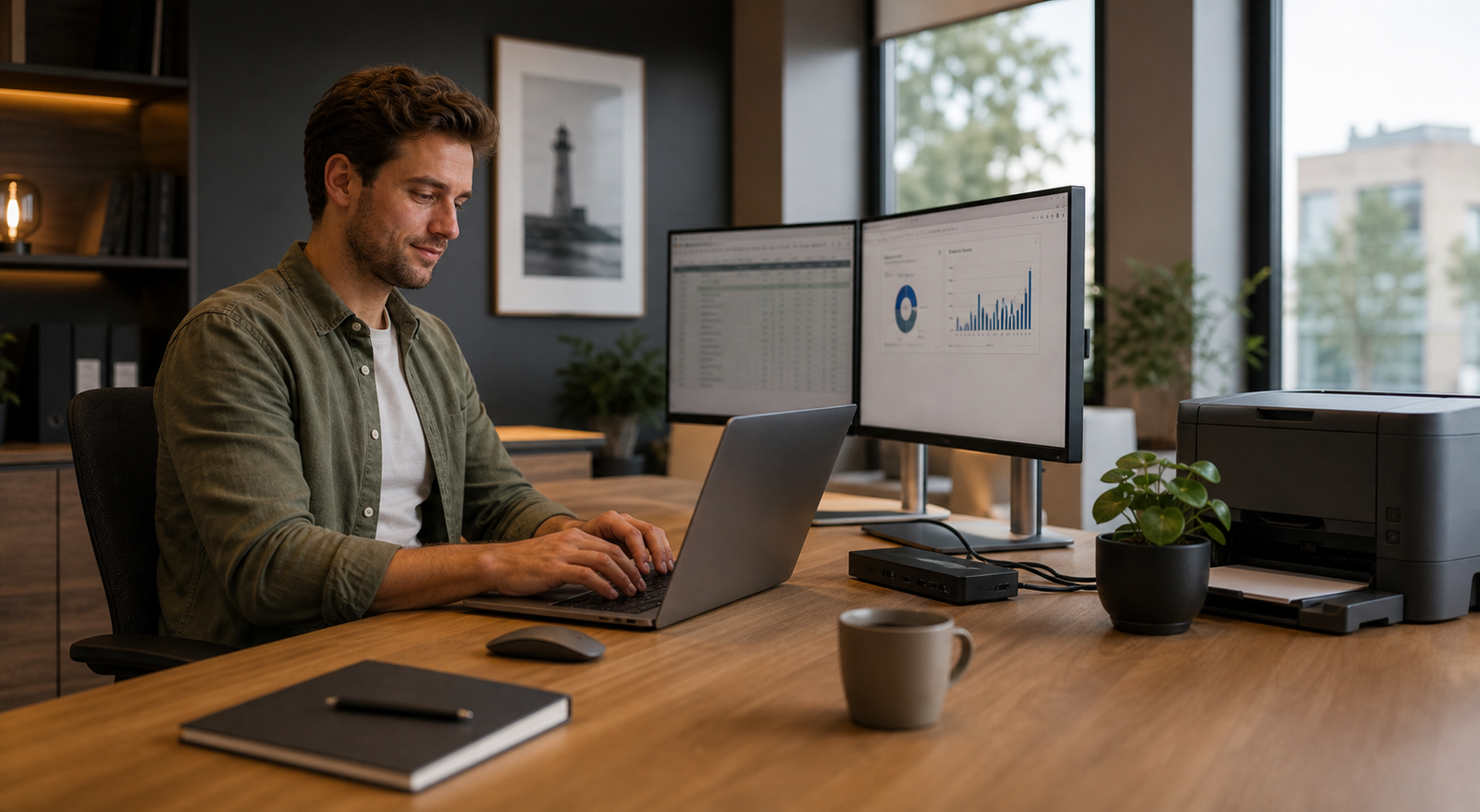 Moderne mkb-werkplek met laptop, dubbele monitoren, printer en docking station als voorbeeld van geleasede elektronica.