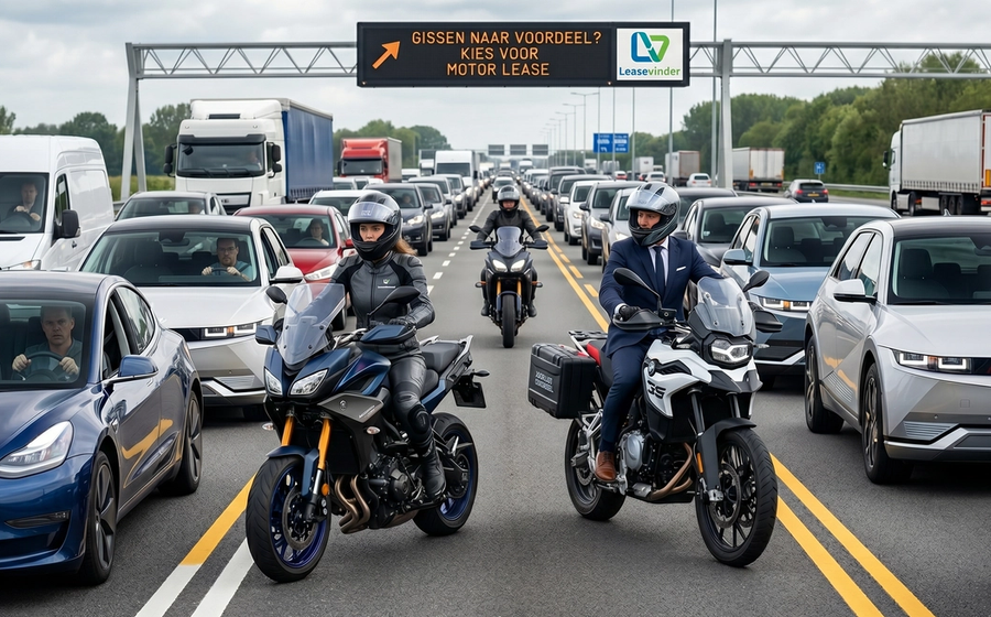 Motorrijders rijden behoedzaam door een file op de snelweg onder een tekstbord van Leasevinder – een visuele weergave van de tijdwinst en het gemak van motorleasing in 2026