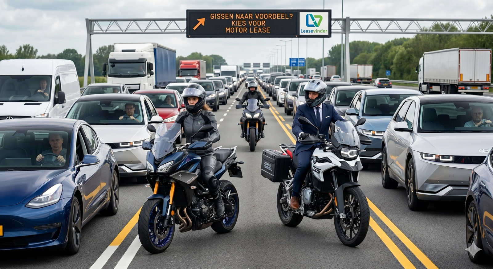 Motorrijders rijden behoedzaam door een file op de snelweg onder een tekstbord van Leasevinder – een visuele weergave van de tijdwinst en het gemak van motorleasing in 2026