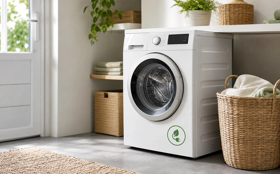 Moderne witte energiezuinige wasmachine in een lichte bijkeuken, met focus op duurzaamheid en efficiënt wassen.
