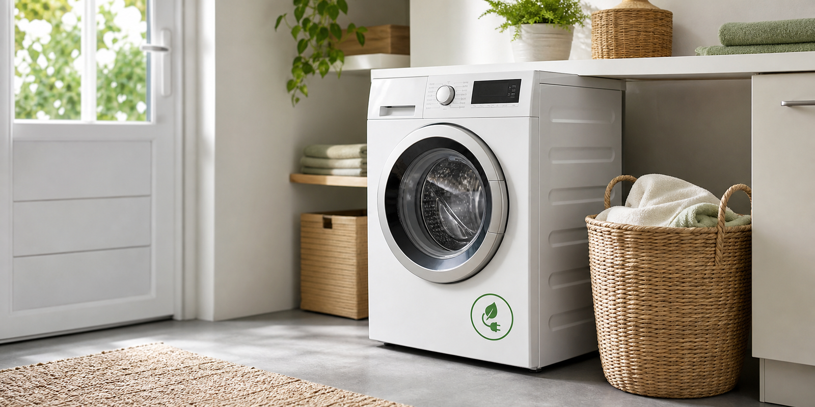 Moderne witte energiezuinige wasmachine in een lichte bijkeuken, met focus op duurzaamheid en efficiënt wassen.