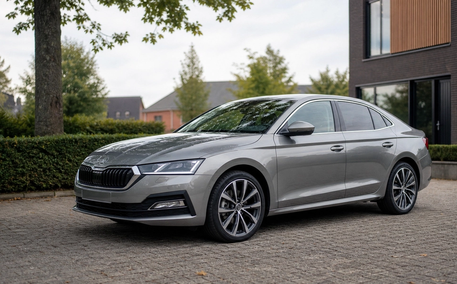 Een moderne jong gebruikte leaseauto op een nette Nederlandse locatie, zoals een woonwijk of zakelijke omgeving, met een verzorgde en betrouwbare uitstraling